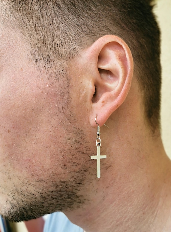 One Cross Earring Silver Cross for Men Unisex Cross Dangle - Etsy