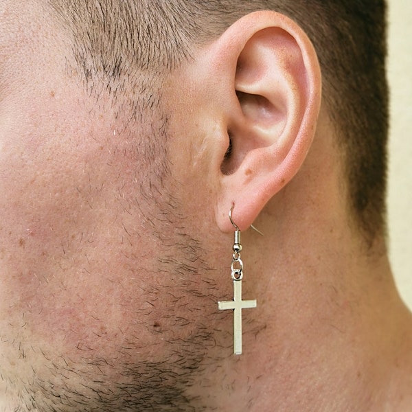 One cross earring, Silver cross for men, Unisex cross dangle, Men cross, Silver cross dangle, Cross earring, Boyfriend gift, Gift for him