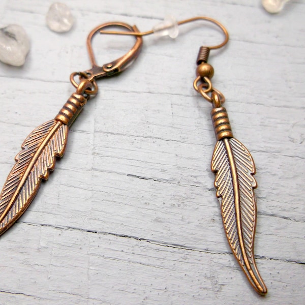 Copper feather dangle feather earring symbol feather dangle symbol earring little gift guys dangle goth dangle hippie dangle hipster gift