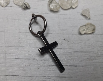 Ein anklemmbarer Kreuz Ohrring, Gunmetal Kreuz für Männer, Kreuz in Kette, Unisex Kreuz Ohrhänger, Gunmetal Kreuz baumeln, Kreuz Ohrring, Geschenk für Freund