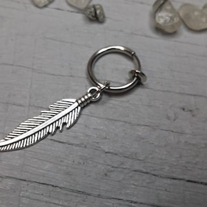One clip-on earring, Feather earring, Feather dangle, Men earring, Silver feather, Symbol feather dangle Gift for him Crow feather men gift