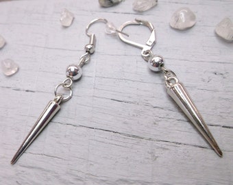 Silver Spike Dangle Earrings: Punk Goth Acrylic Cone
