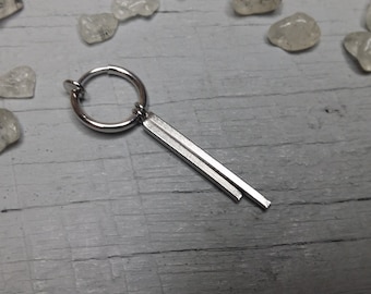 Clip On Long Bar Dangle Earring: Unisex Silver Stick