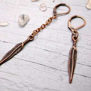 Copper Feather Dangle Earrings: Goth Hippie Gift