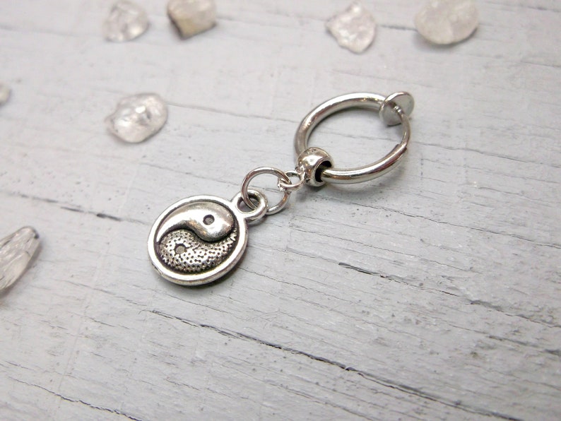 minimal earring small earring little earring symbolic earring one silver dangle gift for him One clip-on yin yang dangle mens earring