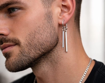 Men's Stainless Steel Hoop Earring with Bar Pendant – Modern Dangle Jewelry