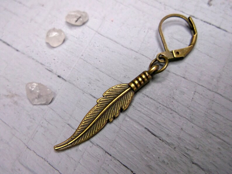 Bronze feather One bronze feather earring Feather dangle Symbol feather dangle Men earring Gift for him Symbolic meaning Crow feather
