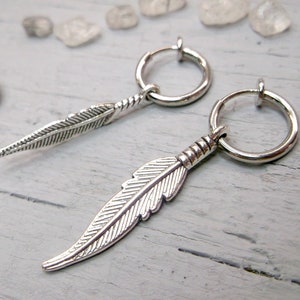 One clip-on earring, Feather earring, Feather dangle, Men earring, Silver feather, Symbol feather dangle Gift for him Crow feather men gift