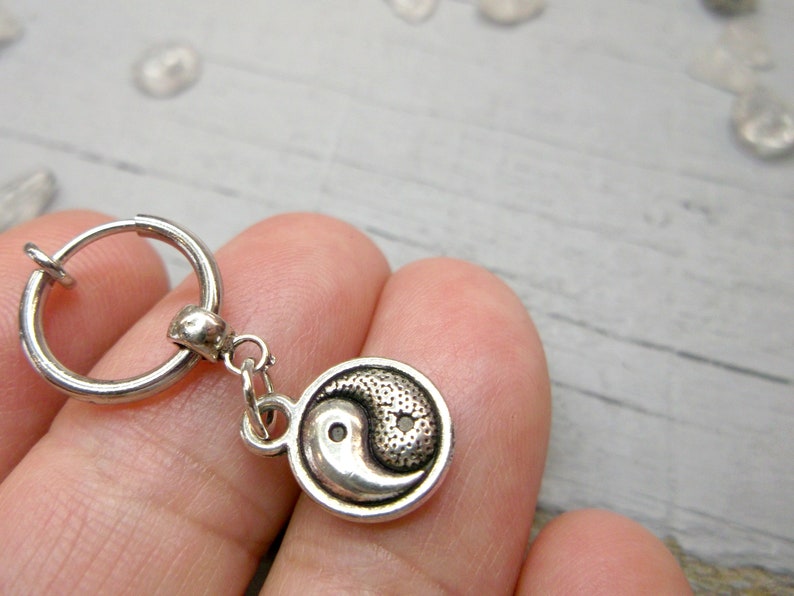 minimal earring small earring little earring symbolic earring one silver dangle gift for him One clip-on yin yang dangle mens earring