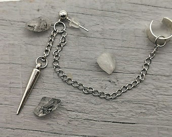 Grunge Acrylic Spike Earring: Silver Chain Cuff Wrap, Men's Jewelry