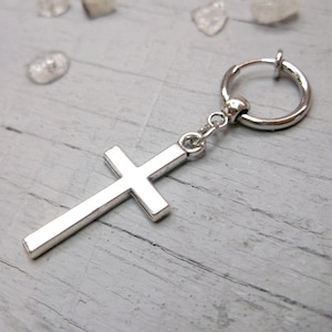 Silver Cross Clip-On Earring: Unisex Dangle Charm