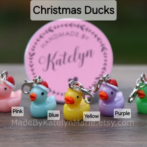 May include: Five Christmas duck charms in pink, blue, yellow, purple, and green. Each duck is wearing a red Santa hat and has a silver clip.