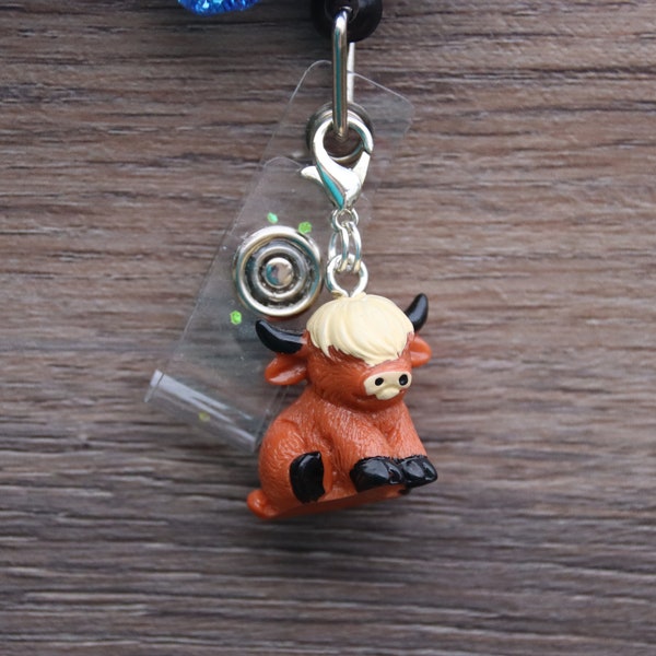 Highland Cow Animal Badge Reel Charms Accessories Badge Buddy Keychain zipper pull stitch marker school