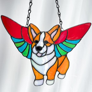Stained Glass Corgi Suncatcher with Rainbow Wings – Handmade Dog Window Decor – Cute Pet Lover Gift – Whimsical Glass Art