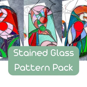 May include: Three stained glass patterns featuring a flamingo, a geometric design, and a heron. The patterns are on white paper with instructions for creating the stained glass art.