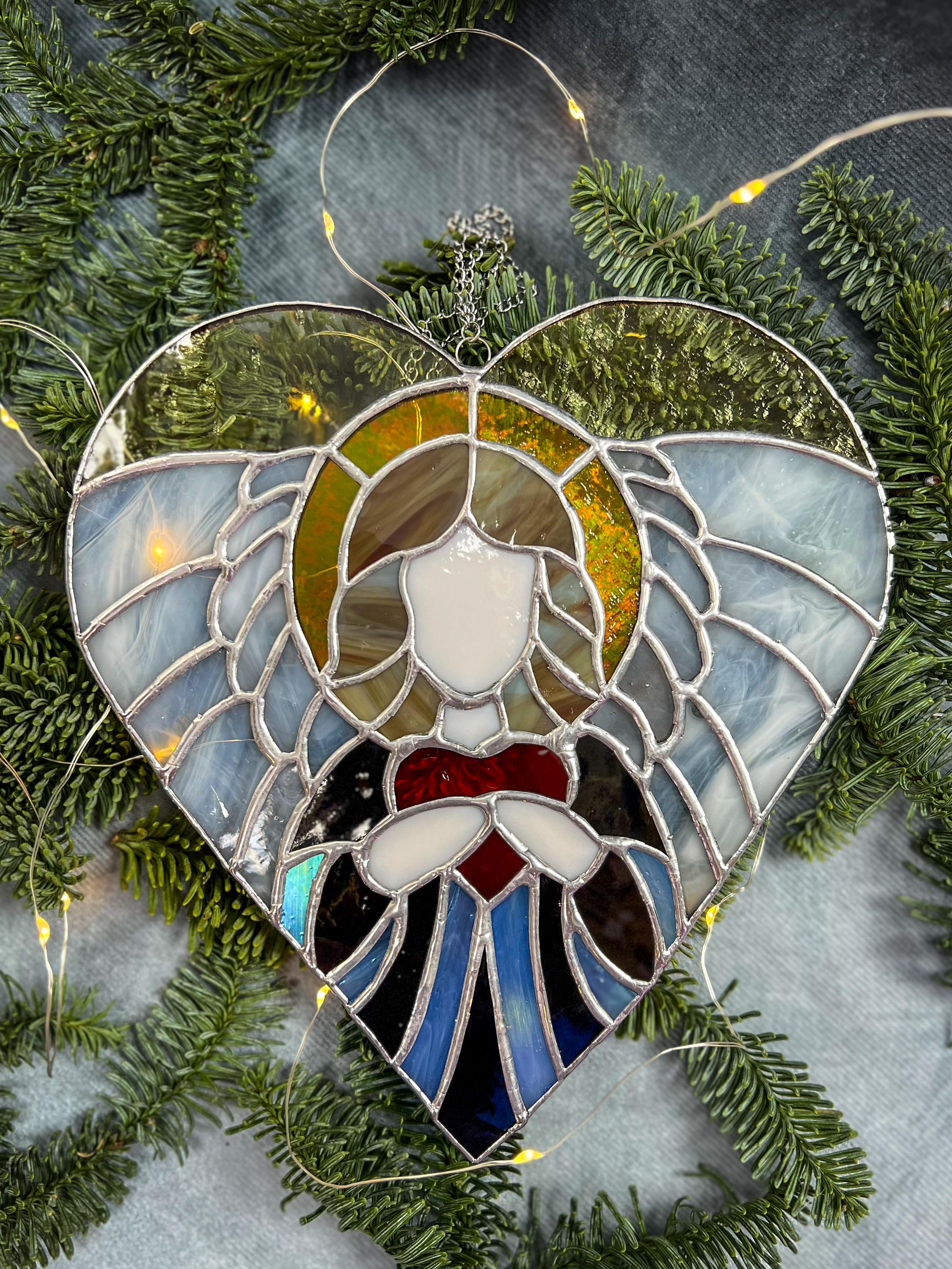 Acchiappasole a forma di angelo in vetro colorato: cuore artigianale, decorazione spirituale per finestre - Italia