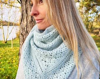 crochet scarf women handmade light blue scarf, oversized shawl, fashion scarf women, crochet triangle scarf, wrap scarf women