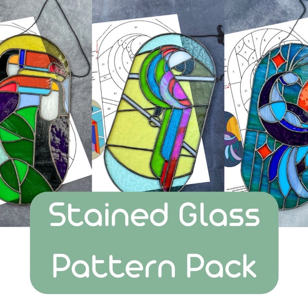 Stained glass pattern pack Bird peacock toucan parrot Suncatcher Printable Set