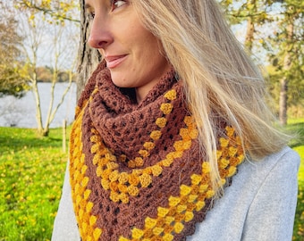 crochet scarf women handmade yellow, brown scarf, oversized shawl, fashion scarf women, crochet triangle scarf, wrap scarf women