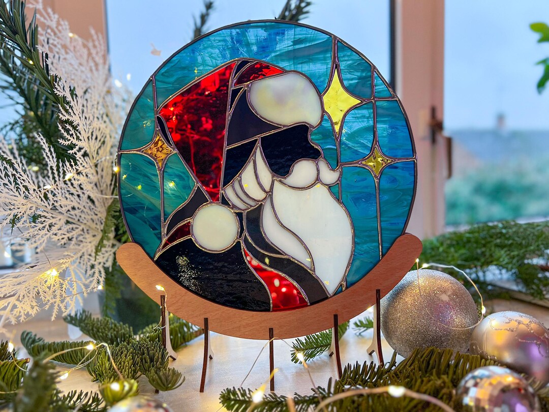 Santa Stained Glass Window Decoration Wooden Stand Christmas Gift - Etsy