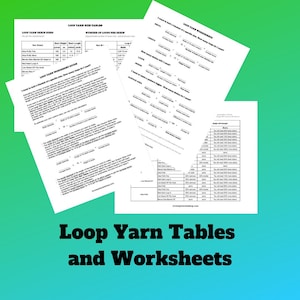 May include: A set of printable worksheets and tables for crocheting. The worksheets include instructions for calculating the number of stitches needed for a project. The tables list the number of stitches per inch for different yarn brands and weights.