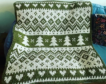 Blanket Pattern Download // PATTERN: Evergreen Scandinavian Blanket // Alize Puffy More // Bernat Graph It // Loop Yarn Pattern // Trees