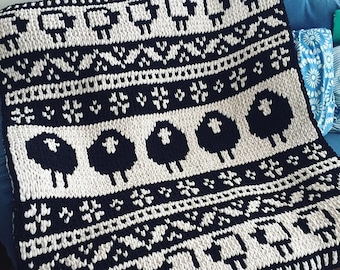 Blanket Pattern Download // PATTERN: Black Sheep White Sheep Scandinavian Blanket // Alize Puffy More // Loop Yarn Patterns // Finger Knit