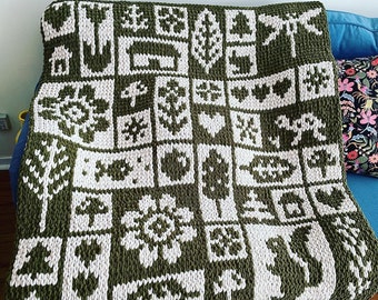 Blanket Pattern Download // PATTERN: Woodland Creatures Tile Blanket // Alize Puffy More // Loop Yarn Pattern // Finger Knit // Cottagecore