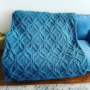 May include: A teal blue crocheted throw blanket with a diamond pattern. The blanket is folded and draped over a couch.