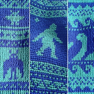 May include: A blue and teal knitted blanket with a repeating pattern of stars. The blanket is made of soft, fluffy yarn.