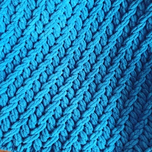 Puede incluir: Primer plano de una manta de punto azul con un patrón tejido texturizado. La manta está hecha de hilo suave y esponjoso y tiene un patrón de puntadas diagonales.