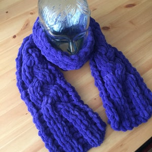May include: A purple knitted scarf with a chunky cable knit pattern. The scarf is soft and fluffy, and would be perfect for keeping warm in the winter.