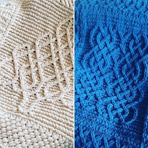 May include: Two knitted blankets, one beige and one blue, with a woven pattern. The blankets are made of a soft, fluffy yarn.
