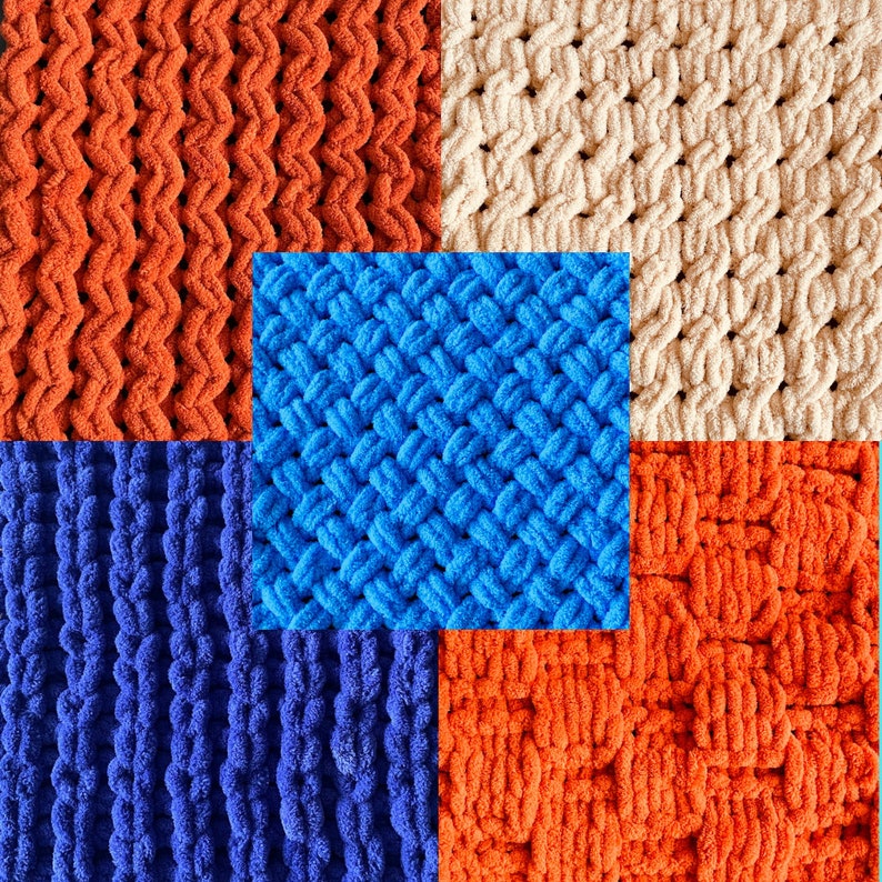 May include: A patchwork of knitted fabric squares in various colors, including orange, blue, and cream. The squares are stitched together to create a larger piece of fabric.