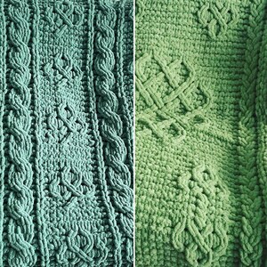 May include: Two close-up images of a green knitted blanket with a cable knit pattern. The blanket is made of soft, fluffy yarn.