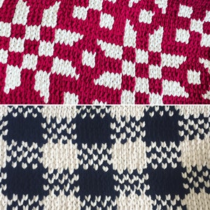 May include: Two knitted blankets with a checkered pattern. The top blanket is red and white, and the bottom blanket is navy blue and white.