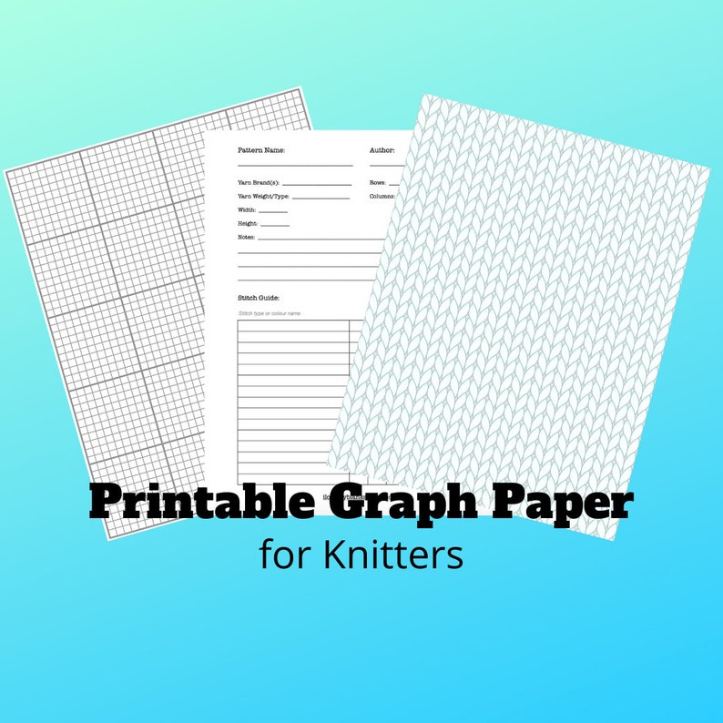 May include: Printable graph paper for knitters, with a grid pattern, a blank form for pattern details, and a knit stitch pattern. The form includes fields for pattern name, yarn brand, yarn weight, stitch type, gauge, notes, and author.
