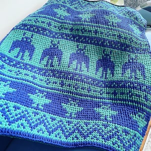 May include: A blue and green crocheted blanket with a repeating pattern. The blanket is made with a chunky yarn and has a soft, textured feel.