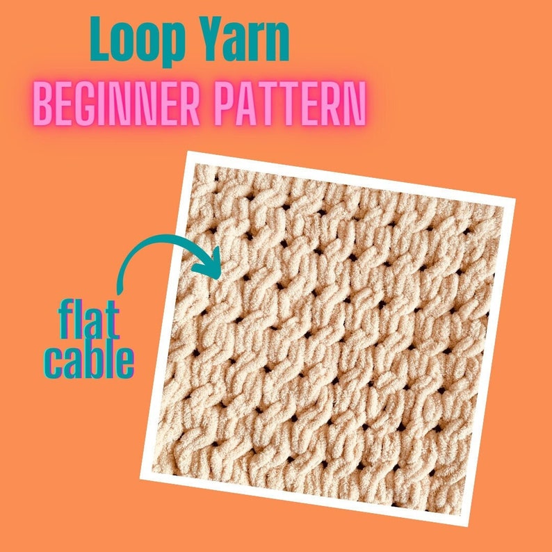 May include: A close-up of a beige knitted fabric with a flat cable stitch pattern. The fabric is made with loop yarn and is a beginner-friendly pattern.