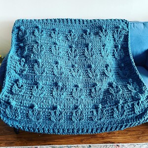 May include: A teal blue crocheted throw blanket with a textured, floral pattern. The blanket is draped over a sofa.