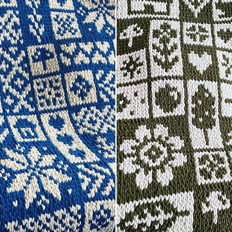 May include: Close-up of two knitted textiles. One is blue with white geometric patterns, including squares, diamonds, and floral motifs. The other is olive green with white squares containing various designs, such as flowers, hearts, and trees. The textures appear soft and detailed.