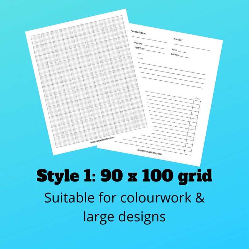 May include: A printable 90 x 100 grid pattern sheet with a blank pattern note section. The pattern note section includes fields for pattern name, brand, stitch type, rows, columns, and other notes.  Style 1: 90 x 100 grid. Suitable for colourwork & large designs.