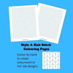 May include: Two printable coloring pages featuring a knit stitch pattern. The pages are designed to be colored by hand to create colorwork or Fair Isle designs.