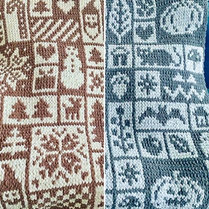 May include: Two knitted throw pillows with a winter holiday theme. The pillow on the left is brown and white with a snowflake design. The pillow on the right is gray and white with a snowflake design.