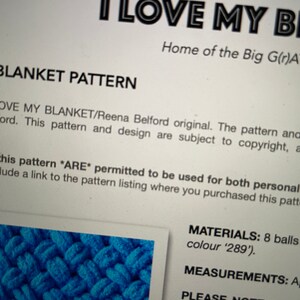 May include: A close-up of a blue crocheted blanket with the text "I LOVE MY BLANKET" and "BLANKET PATTERN" above it. The text "MATERIALS: 8 balls colour '289'" and "MEASUREMENTS: A" are also visible.