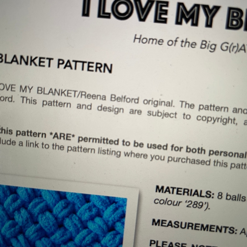 May include: A close-up of a blue crocheted blanket with the text "I LOVE MY BLANKET" and "BLANKET PATTERN" above it. The text "MATERIALS: 8 balls colour '289'" and "MEASUREMENTS: A" are also visible.