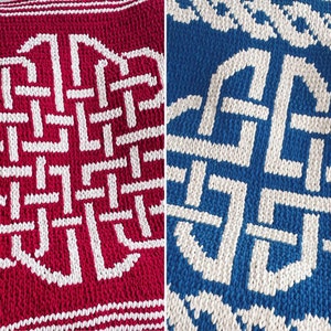 May include: Two knitted blankets featuring a white Celtic knot design. One blanket is red and the other is blue.