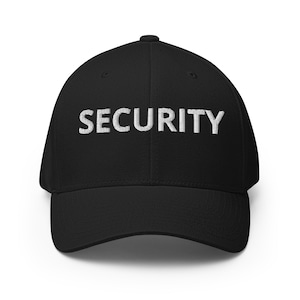 May include: A black baseball cap with the word "SECURITY" embroidered in white on the front.