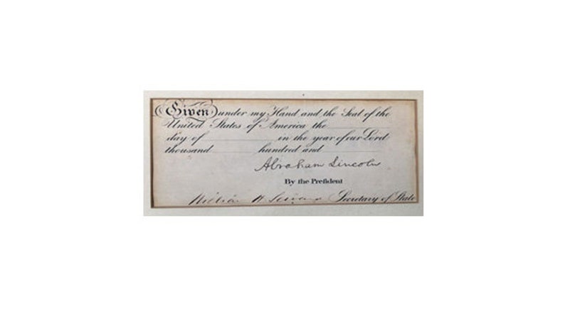 Abraham Lincoln: Signed Ship's Request for Passport Document and Secretary of State William H. Seward image 1