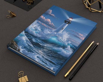 Lighthouse & Stormy Sea Journal Hardcover, Lined Notebook | Nautical Ocean Waves